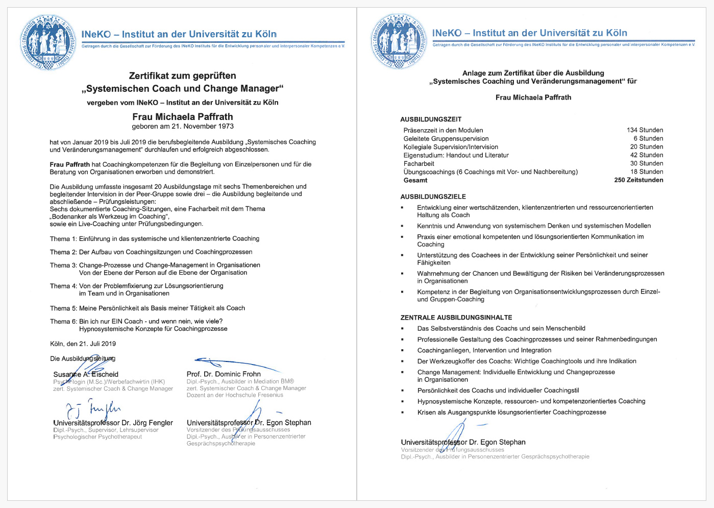 INeKO - Zertifikat zur geprüften Systemischen Coachin und Change Managerin