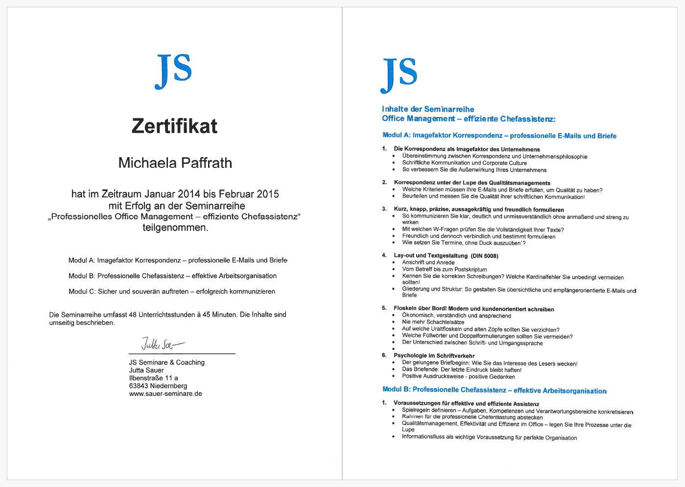 Zertifikat Office Managerin